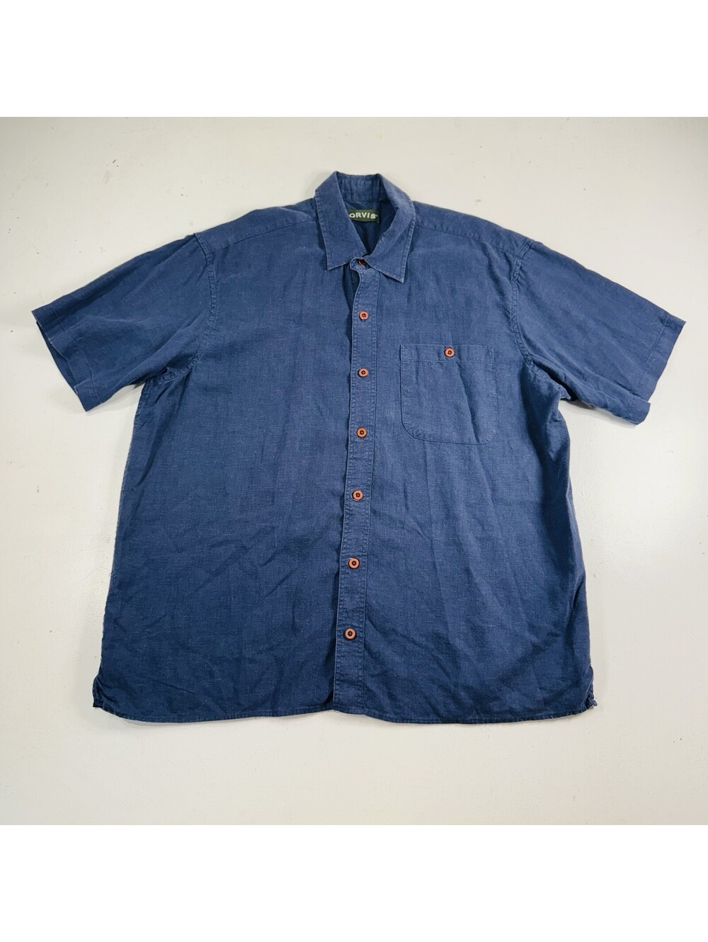 Orvis Button Down Shirt Short Sleeve Navy Blue Hemp Tencel Menβs Size Large